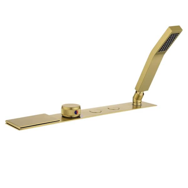 Ami Single-Handle Tub Deck-Mount Roman Faucet with Handshowerand Waterfall Spout in Brushed Gold