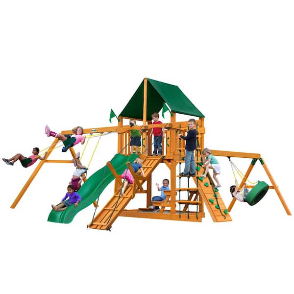 Gorilla Playsets Frontier Wooden Swing Set with Sunbrella Canvas Canopy and Tire Swing