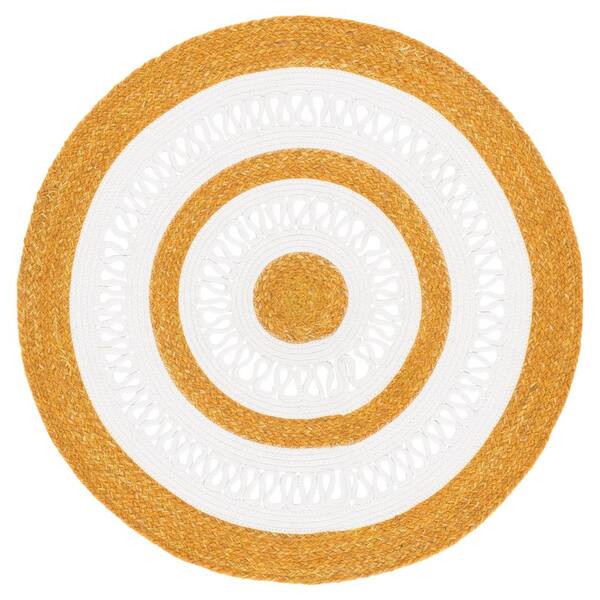 Braided 4 ft. x 4 ft. Gold/Ivory Stripe Round Rug