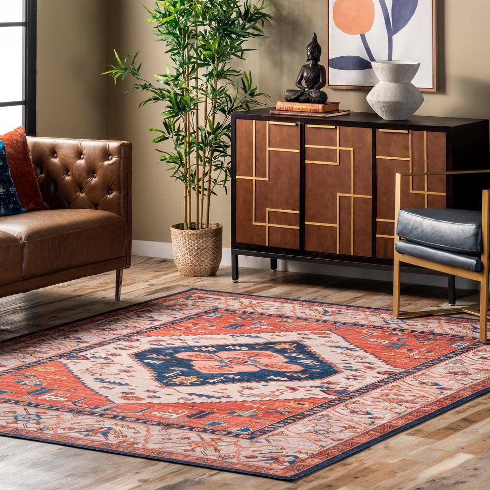 6' Round Red and Blue Oriental Synthetic Area Rug