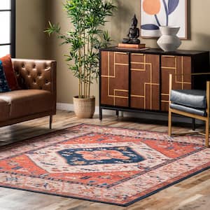 Tribal Medallion Washable Rust 6 ft. x 6 ft. Indoor Round Area Rug