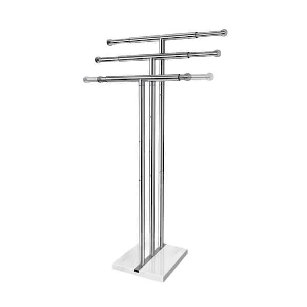 3-Tier 40 in. Standing Towel Rack with Weighted Marble Base, Adjustable Width Taller Bathroom Towel Rack Stand, Silver