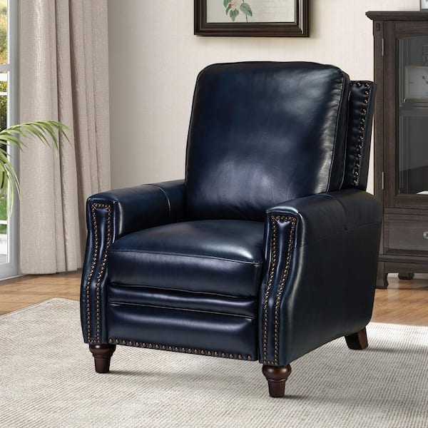 Jayden Creation Joseph Navy Genuine Leather Swivel Rocking Manual Recliner with Straight Tufted Back Cushion and Curved Mood Arms, Blue