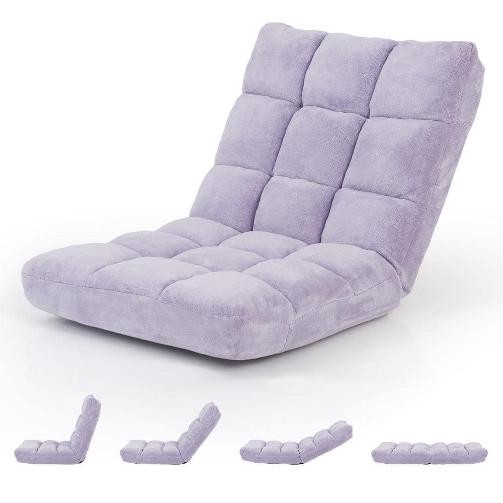 Light Purple Cushioned Floor Chair with 14 Adjustable Positions Folding Lazy Sofa and Steel Frame
