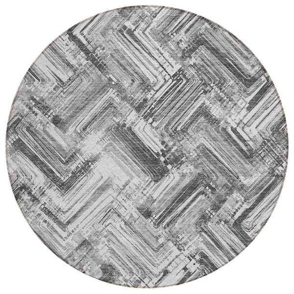 Gray, Silver, Ivory 8 ft. Round Woven Geometric Polyester Round Indoor/Outdoor Area Rug