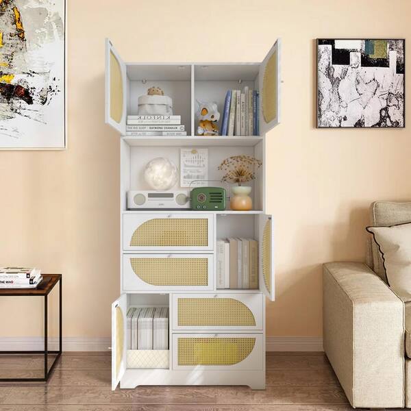 Tatayosi 11.8 in. W x 31.5 in. D x 71 in. H White Storage Cabinet with Rattan Doors, Pantry Hutch Cabinet Ready to Assemble