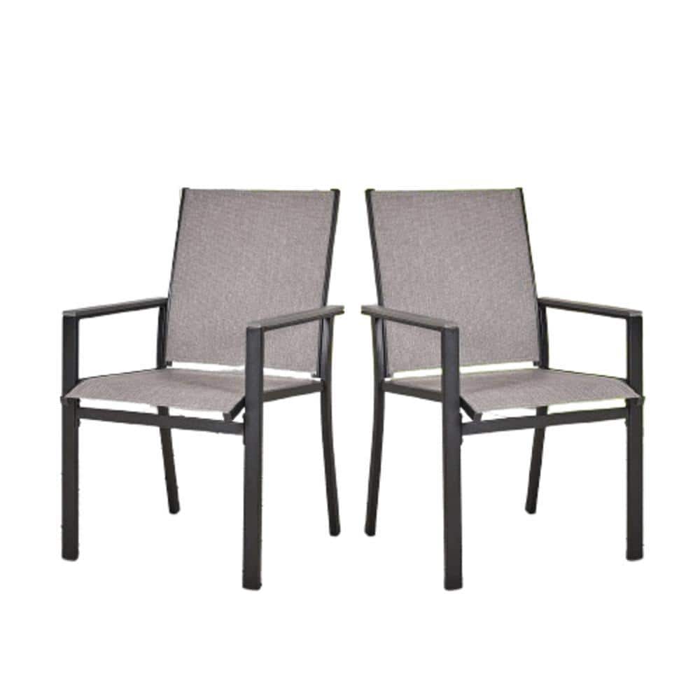 Black Metal Textilene Patio Outdoor Dining Chairs with Gray Textilene Fabri