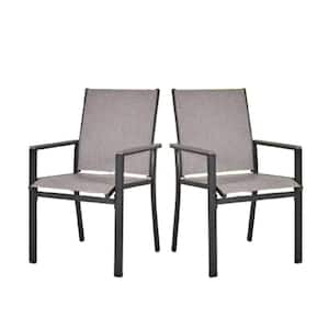 Black Metal Textilene Patio Outdoor Dining Chairs with Gray Textilene Fabric for Lawn Garden Backyard Set of 2