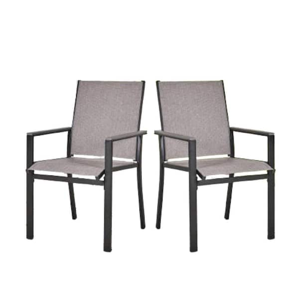 Unbranded Black Metal Textilene Patio Outdoor Dining Chairs with Gray Textilene Fabric for Lawn Garden Backyard Set of 2