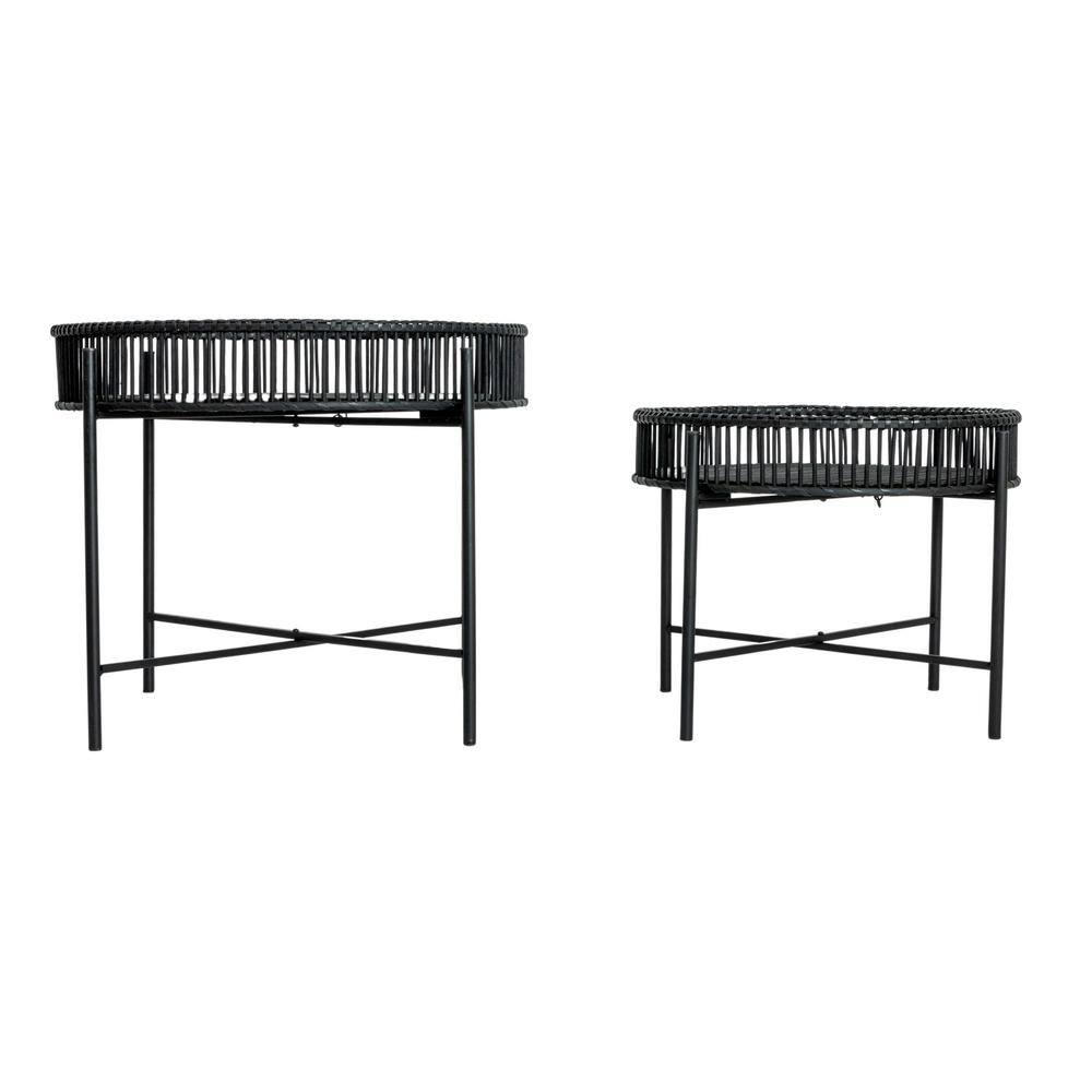 Black Bamboo and Metal Round Tray Tables Set of 2