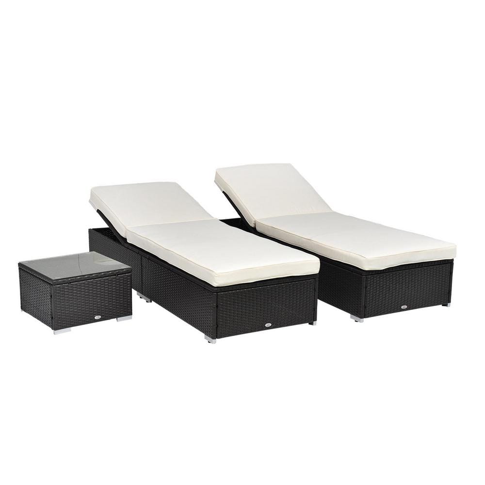 Cream White Cushioned Rattan Outdoor Chaise Lounge Set with Table