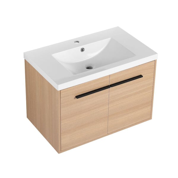 Modland Lesta 29 in. W x 18 in. D x 20 in. H Single-Sink Wall Mounted Soft Closing Bath Vanity in White Oak with White Resin Top