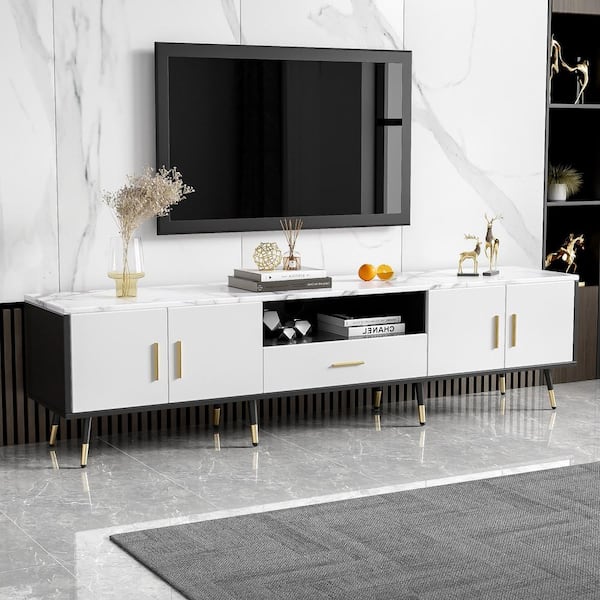 Harper & Bright Designs White Wood TV Stand Entertainment Center Fits TV's up to 80 in. with Drawer, Open Shelf and 2-Cabinets