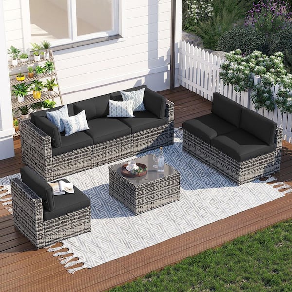 Gray 7-Piece Wicker Rattan Outdoor Sectional Patio Conversation Set with Black Cushions, Coffee Table and Set Cover