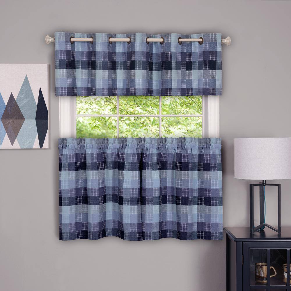 Blue Plaid Light-Filtering Cotton Polyester Window Curtain Tier Pair
