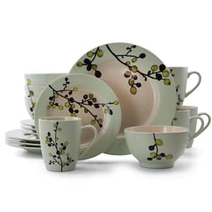 Retro Bloom 16-Piece Rustic Green Stoneware Dinnerware Set (Service for 4)