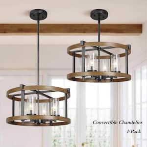 Faux Wood Farmhouse Brown Drum Chandelier 4-Light Pendant with Cylinder Seedy Glass Black Weathered Rust Metal Accents