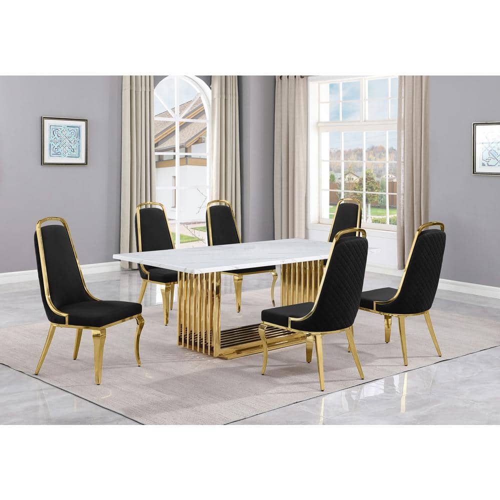 Best Quality Furniture Lisa 7-Piece Rectangle White Marble Top Gold ...