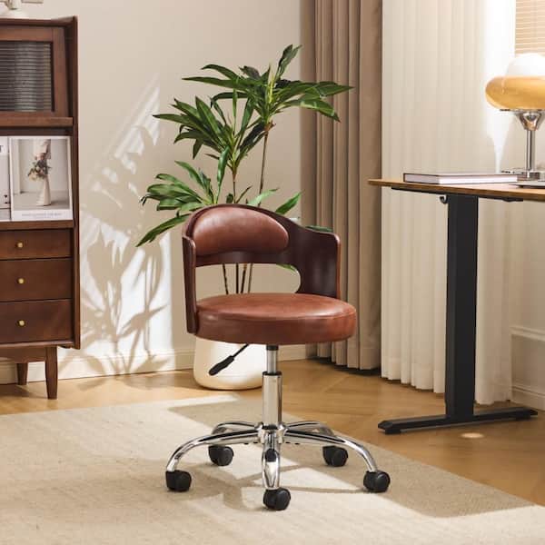 Waxy Leather Fabric Curved Wood Backrest Task Chair in Brown with Armless