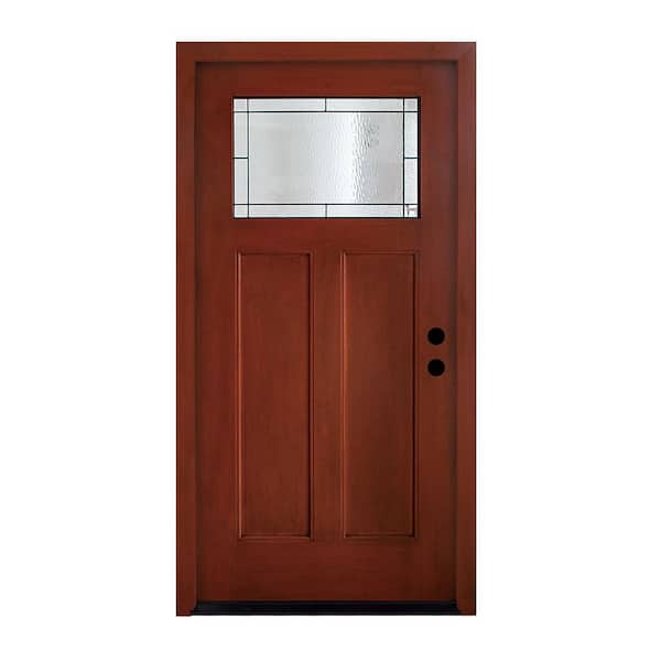 36 in. x 80 in. 2-Panel Left-Hand 1/2 Lite Frosted Glass Brown Fiberglass Prehung Front Door with Threshold, Hinge