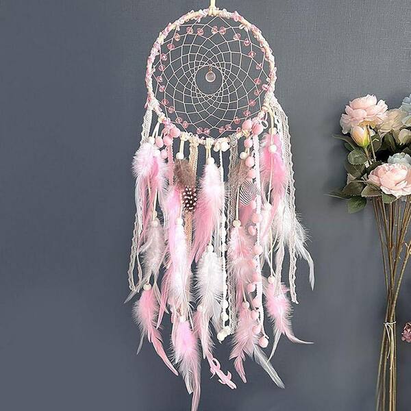 20 in. x 6.3 in. Pink Feather Dream Catcher-Handmade Wall Hanging