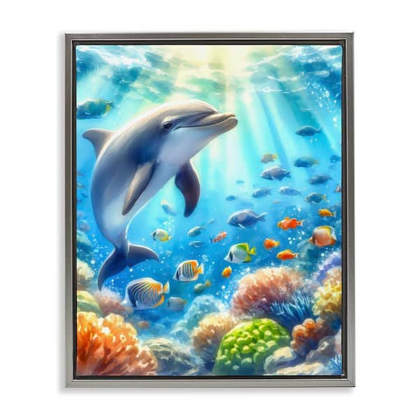 Stupell Industries Smiling Dolphin Under Sea by LSR Design Studio Gray Floater Frame Coastal Graphic Art Print 21 in. x 17 in.