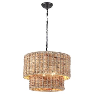 18.9 in. 5-Light Hemp Rope Drum Chandelier Light for Dinning Room with No Bulbs Included