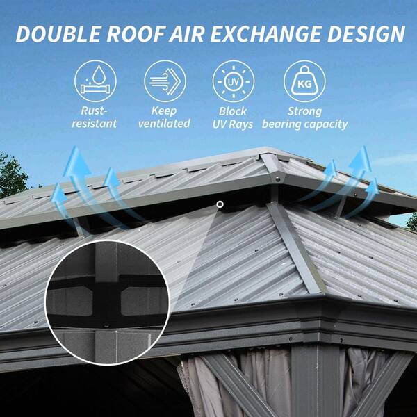 10 ft. x 14 ft. Gray Metal Galvanized Steel Roof Hardtop Gazebo with Curtains and Netting