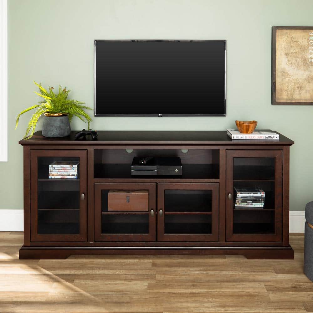Espresso 70" TV Stand with Glass Cabinets and Shelves