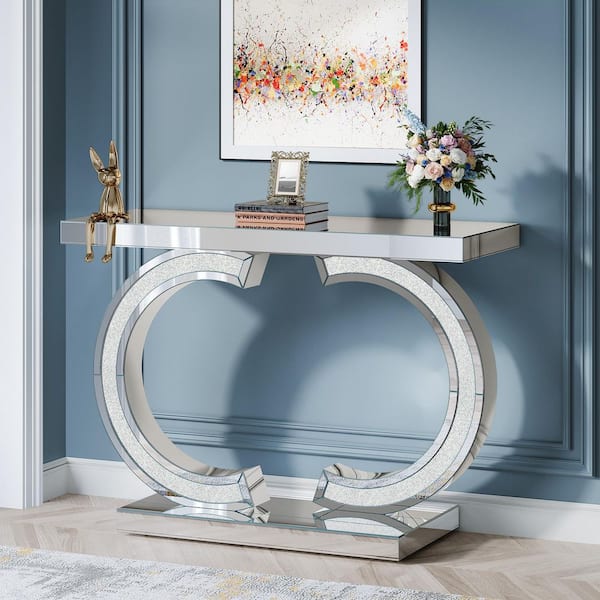 BYBLIGHT Terrella 39.37 in. Silver Rectangle Mirrored Console Table, Entryway Table with Sparkling Crystal Inlays, Sofa Table