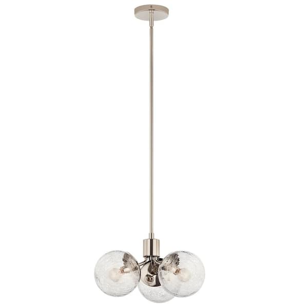 KICHLER Silvarious 16.5 in. 3-Light Polished Nickel Modern Crackle Glass Shaded Convertible Chandelier for Dining Room