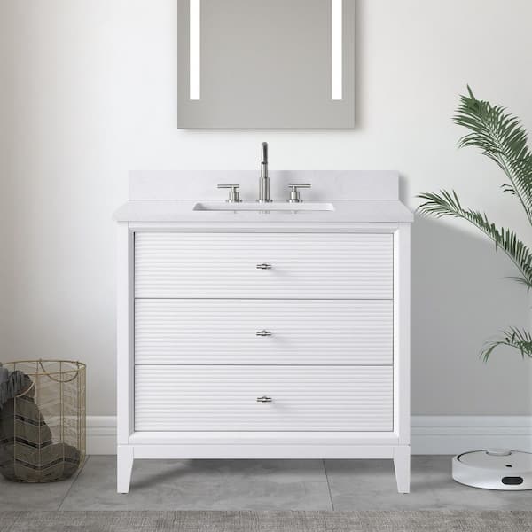 36 in. W Single Sink Freestanding White Bath Vanity Cabinet with Ariston White Engineered Marble Top