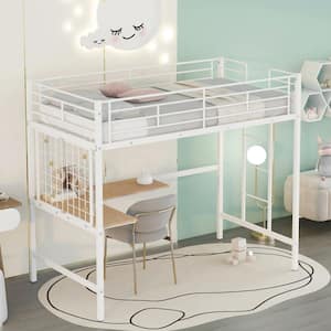 White Twin Size Metal Loft Bed with Desk and Metal Grid, Space-Saving Loft Bed Frame With Ladder for Kids, Teens