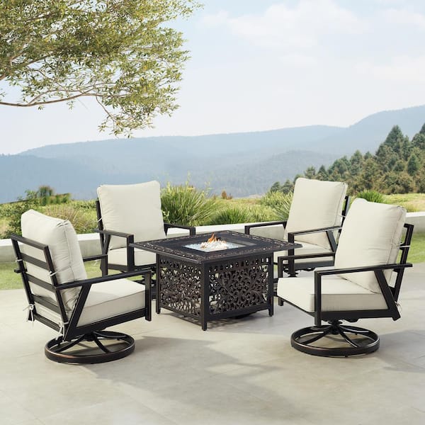Oakland Living Black 6-Piece Aluminum Patio Fire Pit with 4-Club Chairs Light Grey Cushions