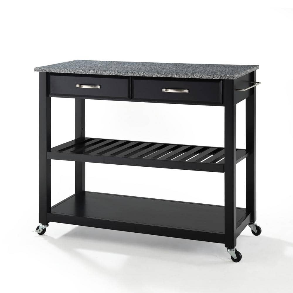 Black Granite Top Kitchen Cart with Wine Rack and Storage
