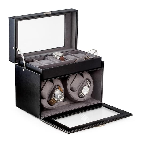 BEY-BERK Black Leather 4-Watch Winder and 5-Watch Storage Case