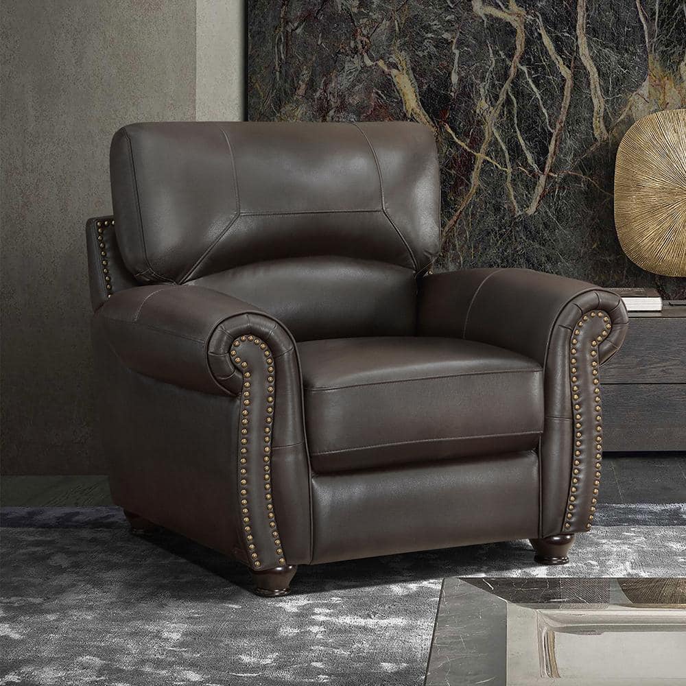 Foxborough Dark Brown Leather and Wood Accent Chair