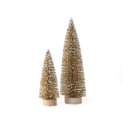 14.5 in. & 9 in. Gold Bottle Brush Tree with Snow - Set of 2