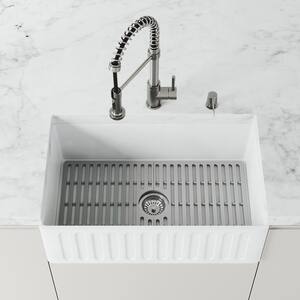 Matte Stone White Composite 30 in Single Bowl Slotted Farmhouse Apron-Front Kitchen Sink with Strainer and Silicone Grid