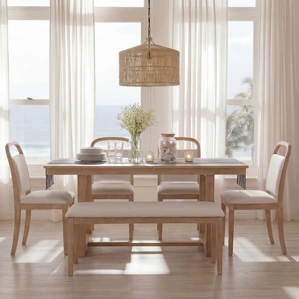 6-Piece Rectangular Natural Wood Top Dining Room Set Seats 5 with 4 Upholstered Chairs & 1 Bench