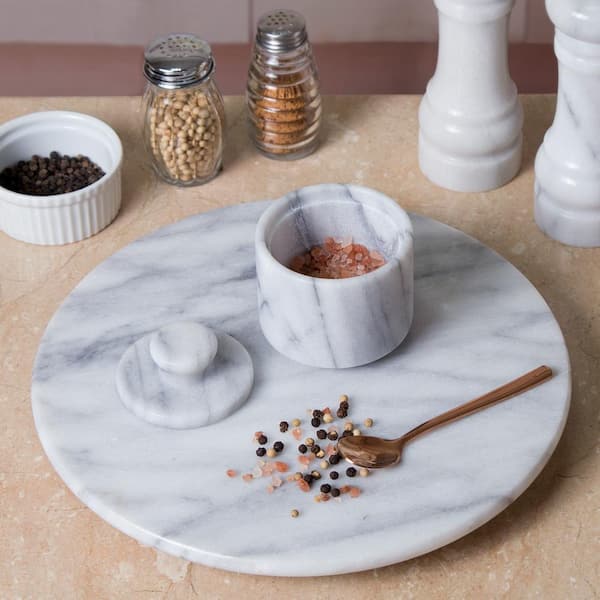 Creative Home Natural Marble Salt cellar Keeper Round Salt Spices Container Salt and Pepper Bowls, 3 diam. x 3.3 H, Off-White