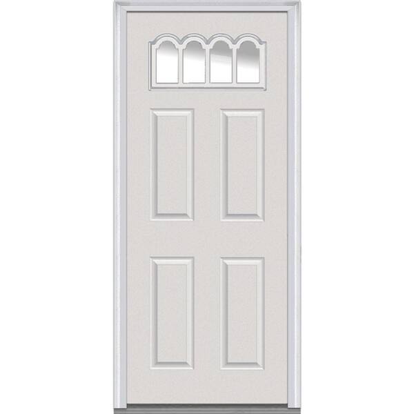 MMI Door 30 in. x 80 in. Clear Right-Hand Gothic 1/4 Lite 4-Panel Classic Primed Fiberglass Smooth Prehung Front Door