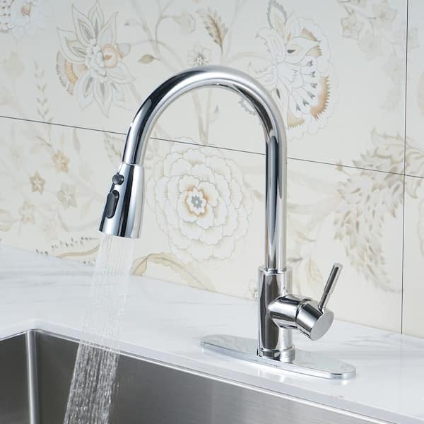 Stainless Steel Single Handle Pull Down Sprayer Kitchen Faucet with 3-Mode Advanced Spray, Deckplate in Polished Chrome