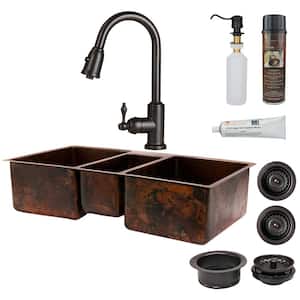 All-in-One Undermount Hammered Copper 42 in. 0-Hole Triple Bowl Kitchen Sink in Oil Rubbed Bronze