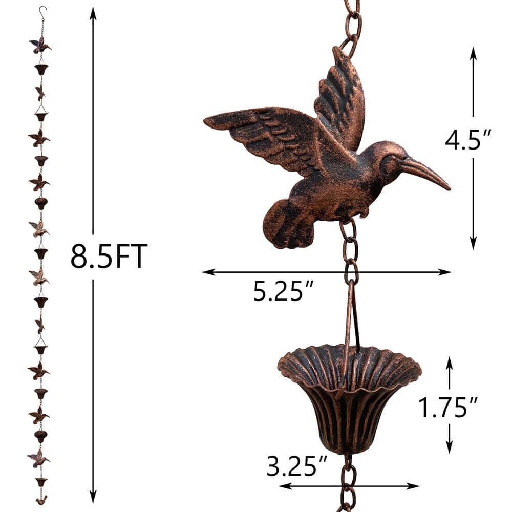 8.5 ft Antique Copper Hummingbird and Flower Metal Rain Chain