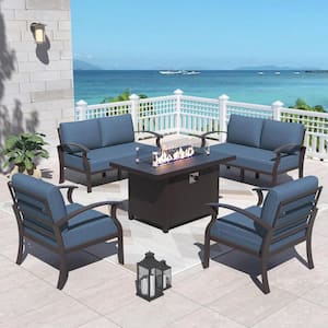 5-Piece Aluminum Outdoor Patio Conversation Set with Armrest, 55000 BTU Propane Firepit Table and Navy Blue Cushions