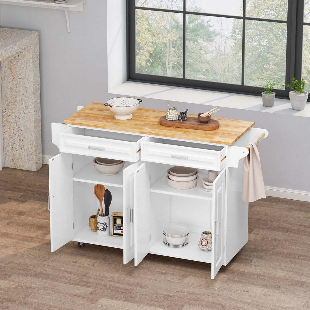White Luxury Mobile Kitchen Island Cart with Rubber Wood Top, Big and Adjus