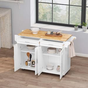 White Luxury Mobile Kitchen Island Cart with Rubber Wood Top, Big and Adjustable Shelf Inside Cabinet