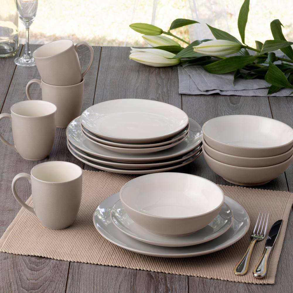 White and Sand Ceramic 16-Piece Dinnerware Set, Service for 4
