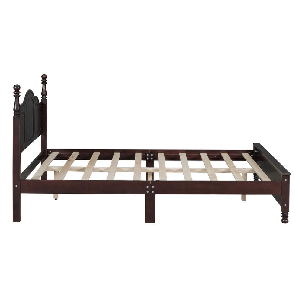 Dark Walnut (Dark Brown) Wood Frame Queen Size Platform Bed with Retro Style Headboard - thumbnail 7